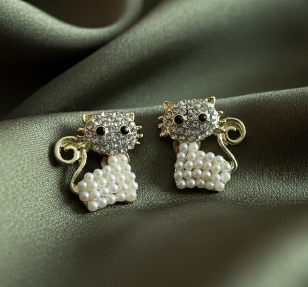Baublebar Cat Earrings Pearl Crystal Stud Gold CZ Dainty Boho VTG Kitten Kitty